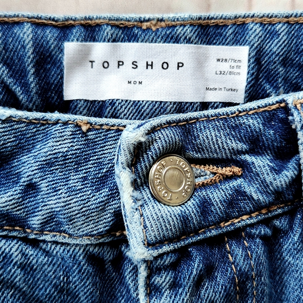 Topshop "Mom" Distressed Hem High Rise Straight Leg Blue Jeans | Women's Size 28 - Picture 9 of 14